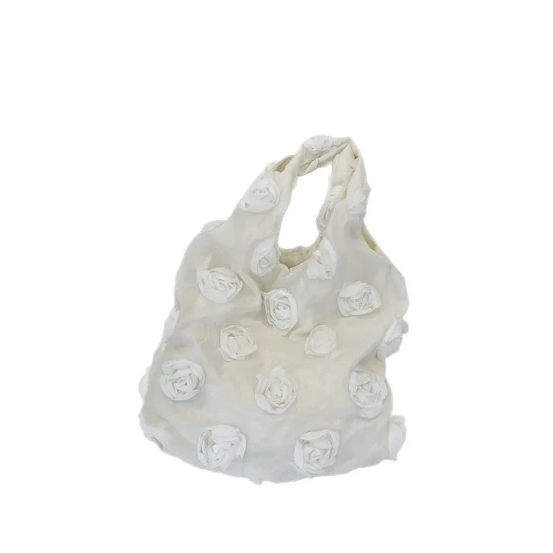 Elegant Romantic France Flower Shoulder Bag Women Pink White Color Rose Floral Fashion Commuter Bag Large Capacity Canvas Bag