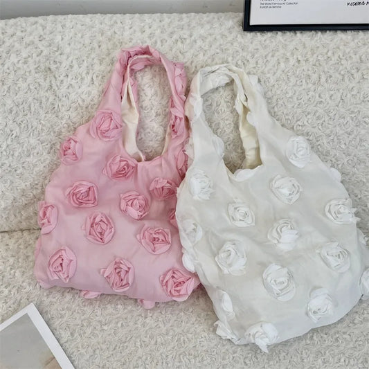 Elegant Romantic France Flower Shoulder Bag Women Pink White Color Rose Floral Fashion Commuter Bag Large Capacity Canvas Bag