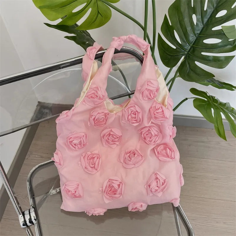 Elegant Romantic France Flower Shoulder Bag Women Pink White Color Rose Floral Fashion Commuter Bag Large Capacity Canvas Bag